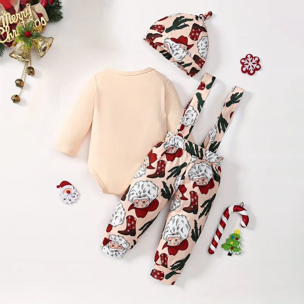 3PCS Santa Came Twice Letter and Santa Claus Printed Overalls Baby Set