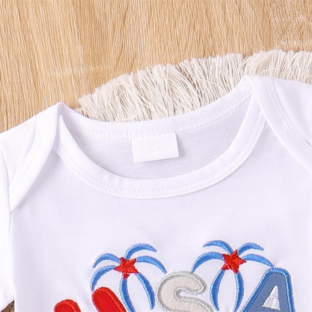 2PCS USA Letter Embroidery Star Printed Short Sleeve Baby Set