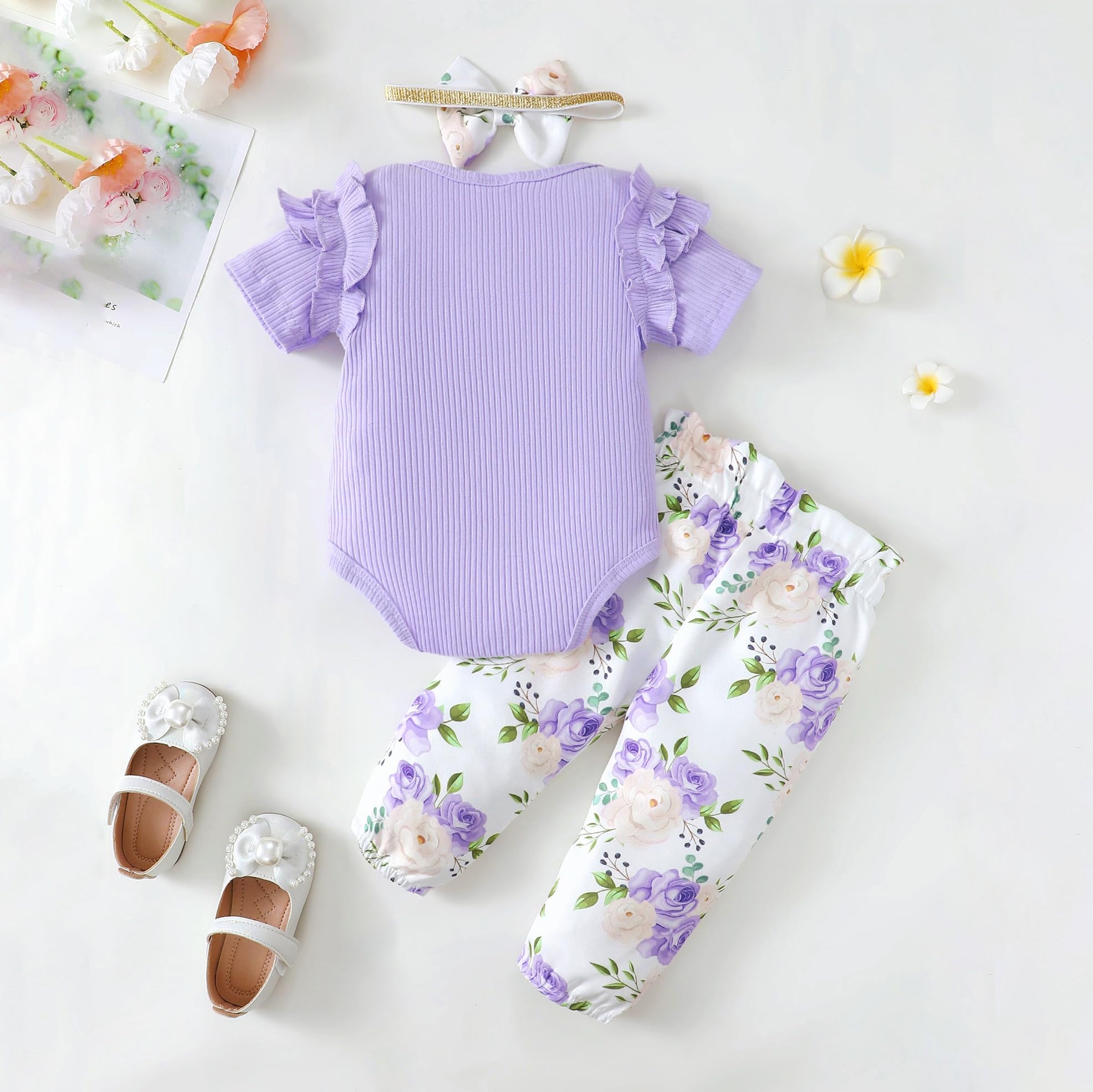 3PCS Stylish Floral Printed Ruffle Ribbed Short Sleeve Baby Set