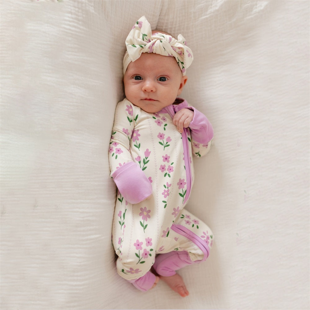 2PCS Floral Printed Long Sleeve Zipper Baby Jumpsuit