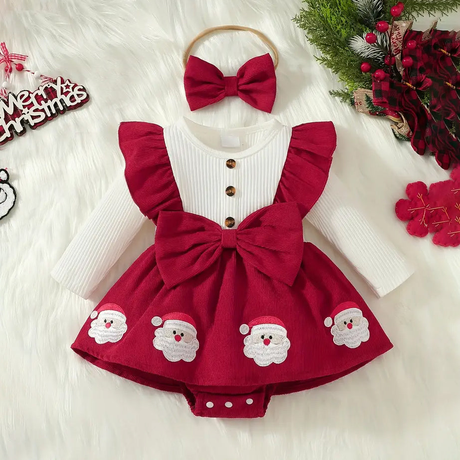 2PCS Santa Claus Print Bowknot Long Sleeve Baby Romper