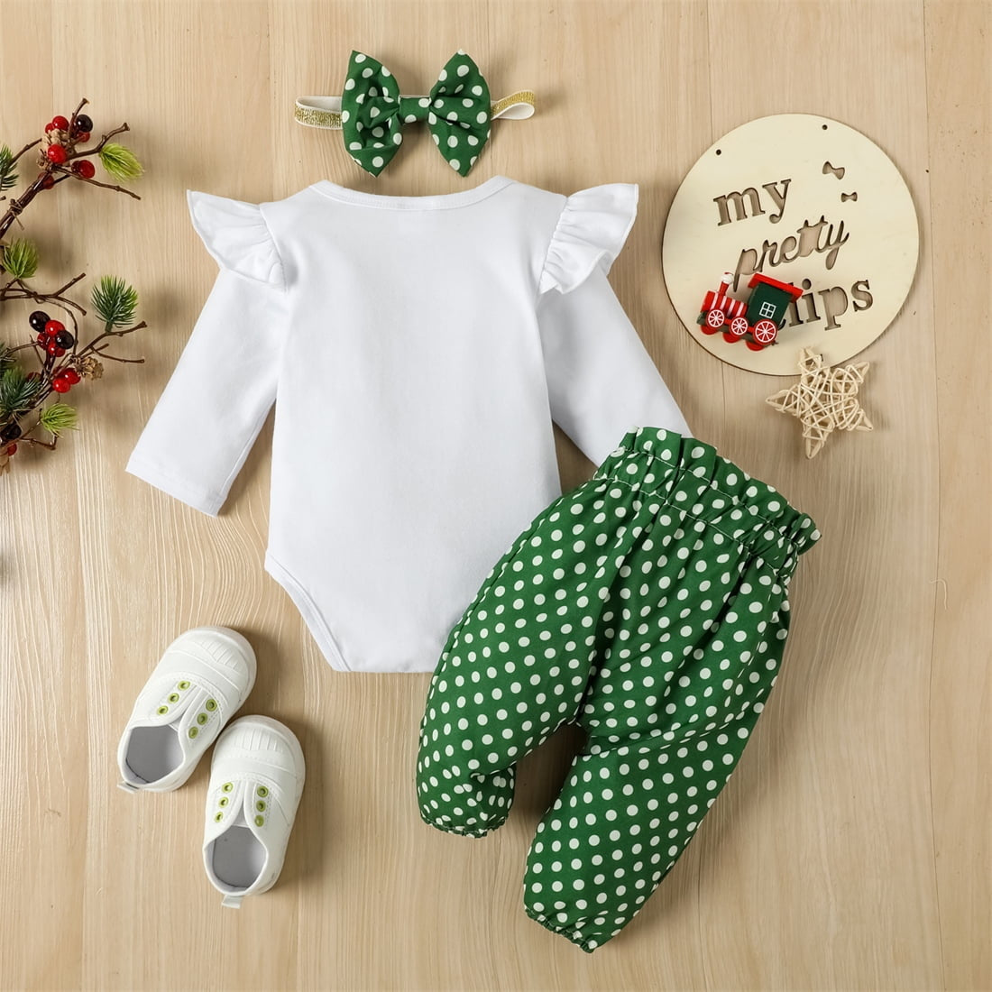 3PCS Merry Christmas Letter Polka Dots Printed Long Sleeve Baby Set