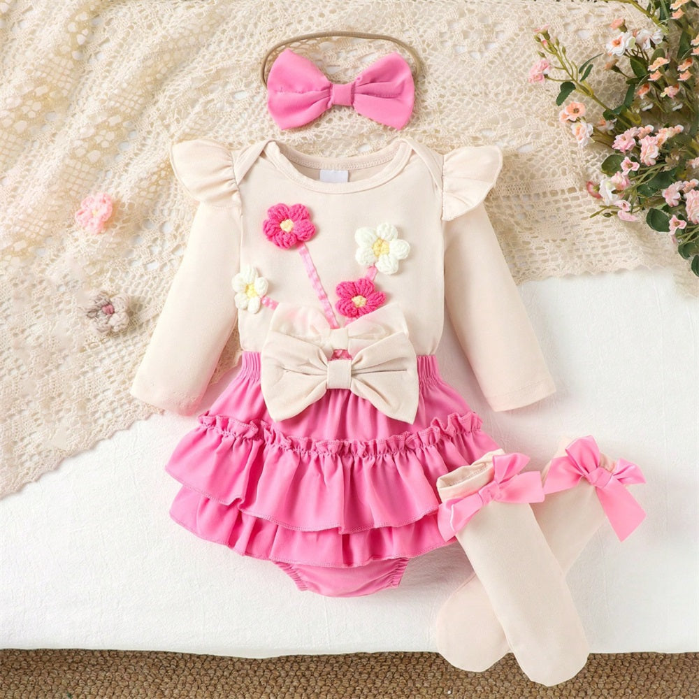 4PCS Cute 3D Floral Embroidery Print Long Sleeve Baby Set