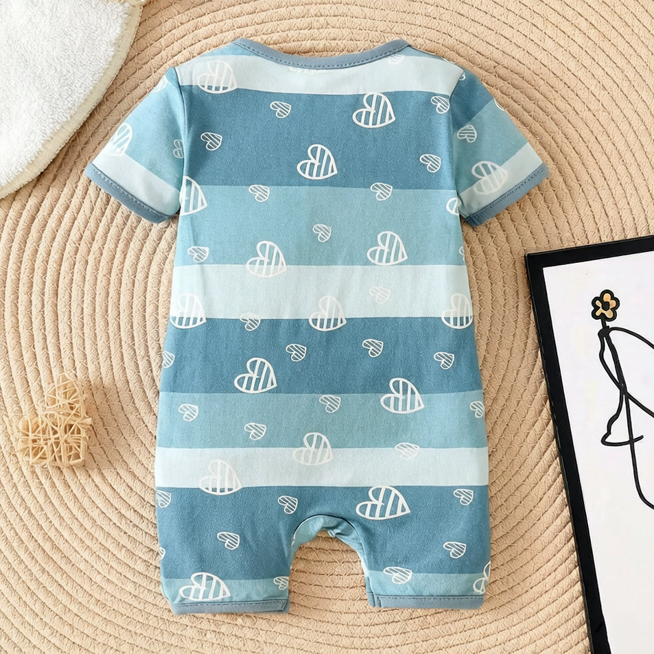 Cute All-Over Heart & Stripe Print Short Sleeve Zipper Baby Jumpsuit