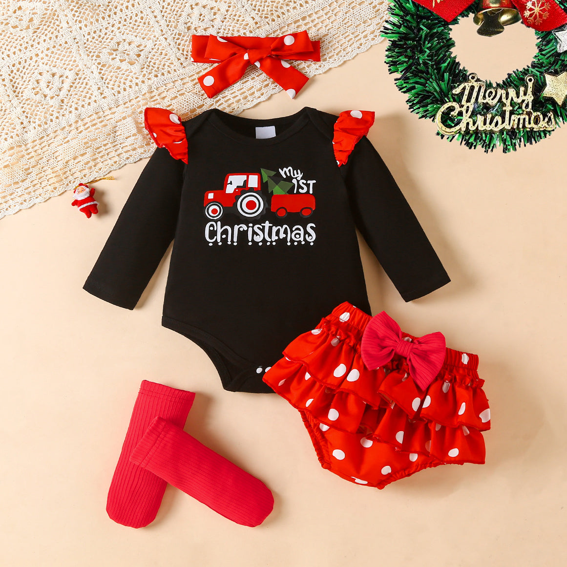 4PCS My 1st Christmas Letter Polka Dots Printed Baby Set