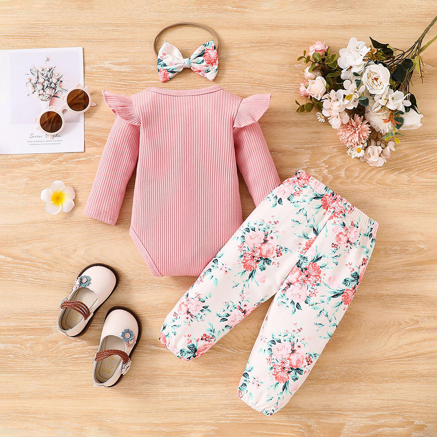 3PCS The Princess Letter Floral Printed Long Sleeve Baby Set