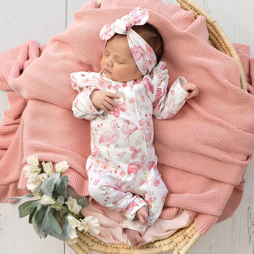 2PCS Baby Girl Flamingo Floral Print Ruffle Long Sleeve Zipper Jumpsuit