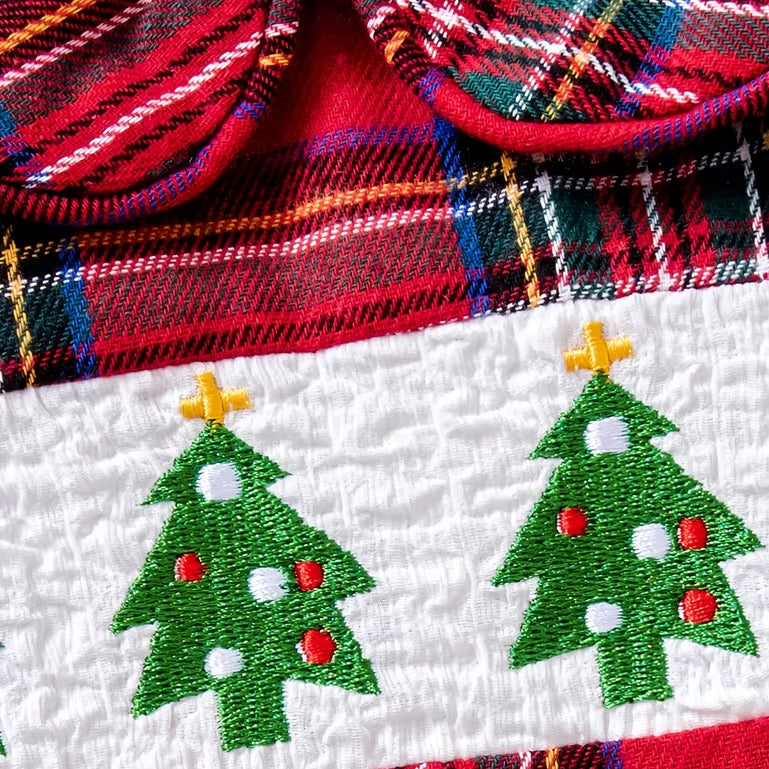 Sweet Christmas Tree Embroidered Plaid Printed Long Sleeve Baby Girl Jumpsuit