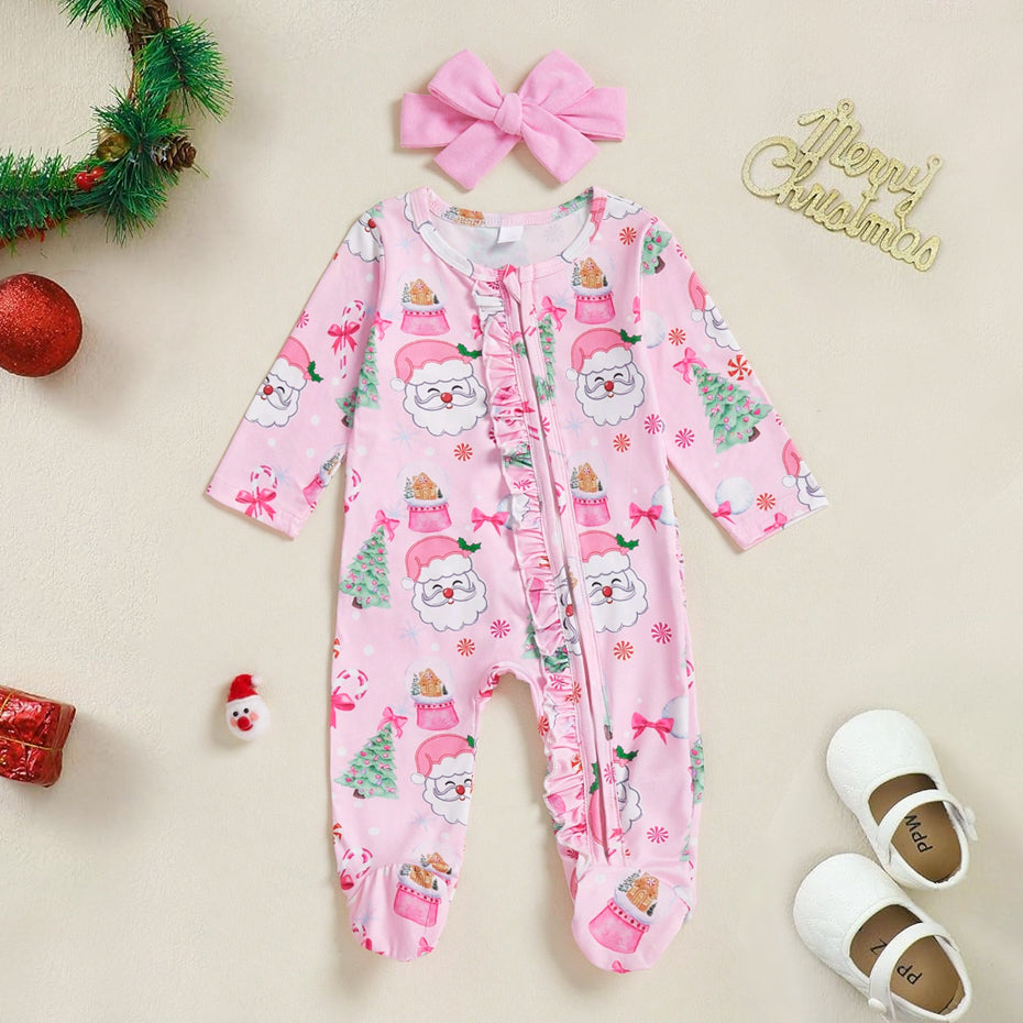 Christmas Santa Claus Printed Ruffles Zipper Baby Jumpsuit