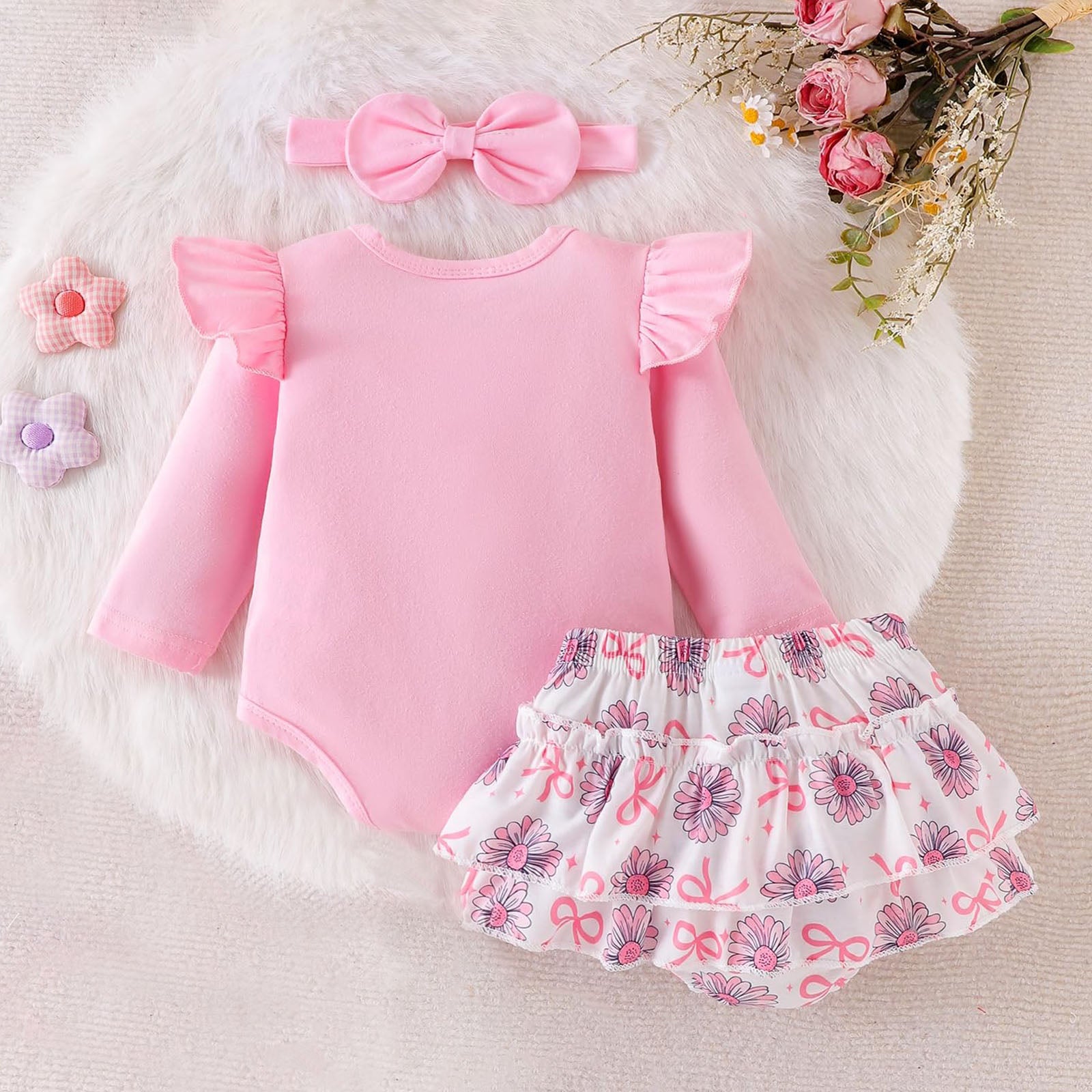 3PCS Beauty Letter Daisy Printed Long Sleeve Baby Set