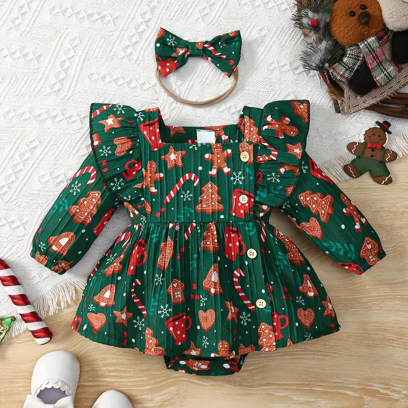 2PCS Christmas Style Printed Ruffled Long Sleeve Baby Romper