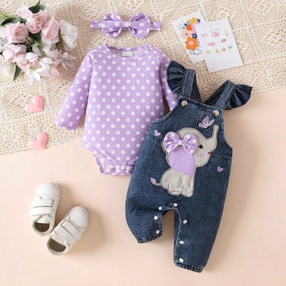 3PCS Sweet Polka Dots Print Elephant Embroidery Baby Overalls Set