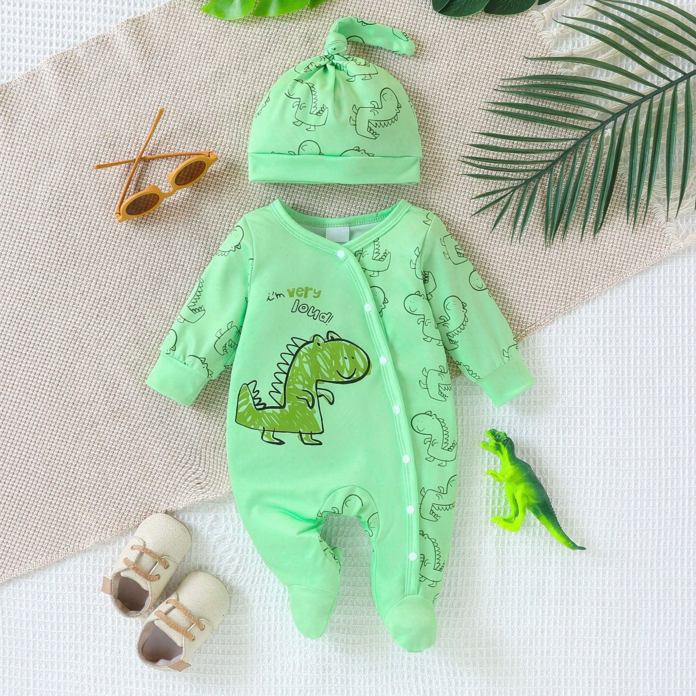 2PCS Cute Dinosaur Print Long Sleeve Baby Boy Jumpsuit