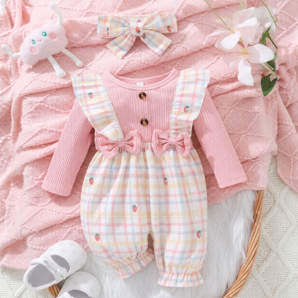 2PCS Pretty Strawberry Plaid Printed Long Sleeve Baby Jumpsuit