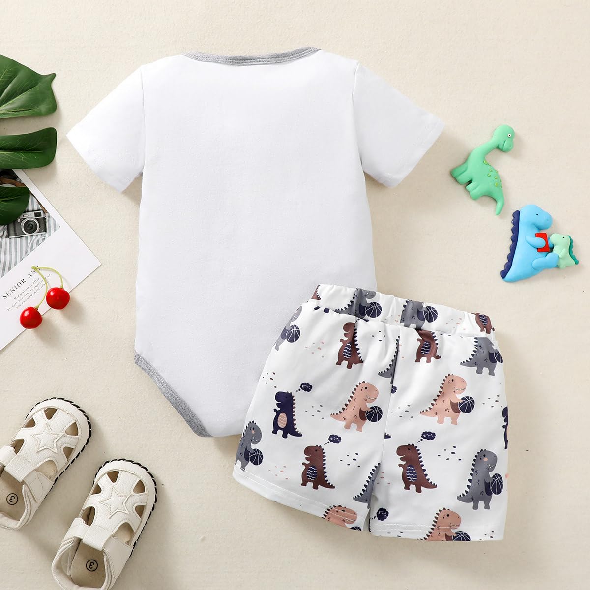 2PCS Cartoon Dinosaurs Printed Short Sleeve Baby Boy Set