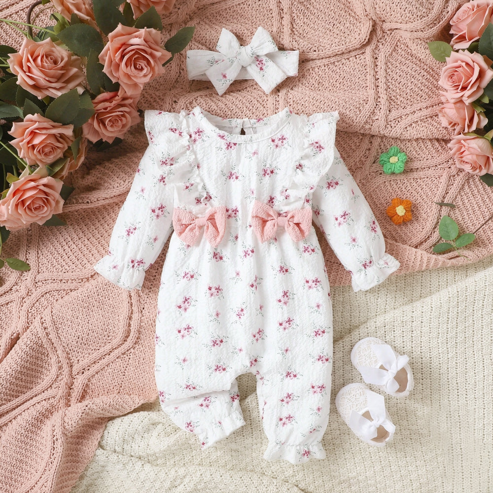 2PCS Allover Floral Printed Ruffle Long Sleeve Baby Girl Jumpsuit