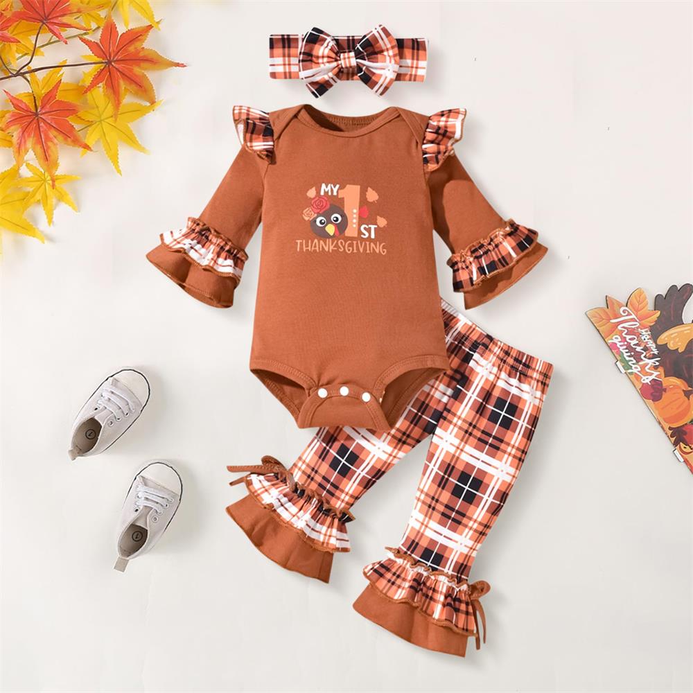 3PCS My 1st Thanksgiving Letter Plaid Print Long Sleeve Baby Set