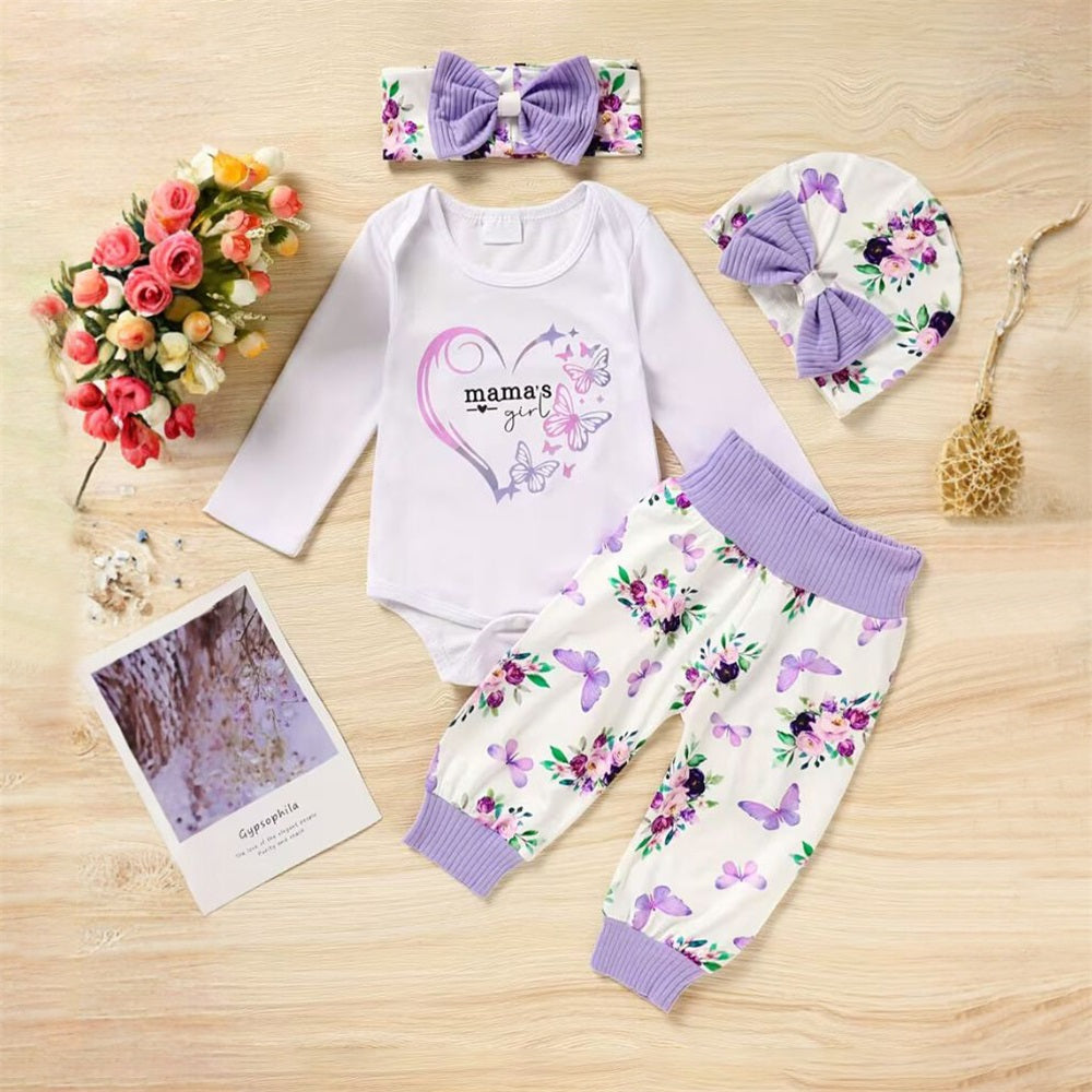 4PCS Butterfly and Floral Printed Long Sleeve Baby Set