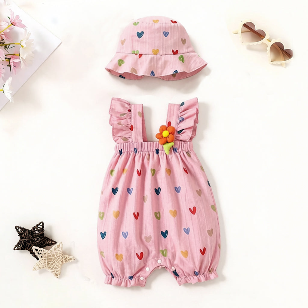 2PCS Classic Heart Print Flutter Sleeve Baby Jumpsuit