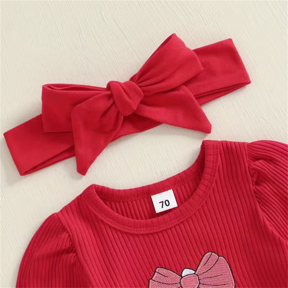 3PCS Christmas Tree and Bow Print Long Sleeve Baby Set