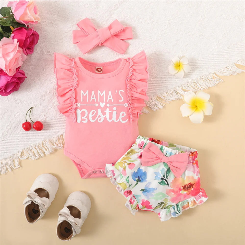 3PCS Mama's Bestie Letter Printed Baby Romper Set