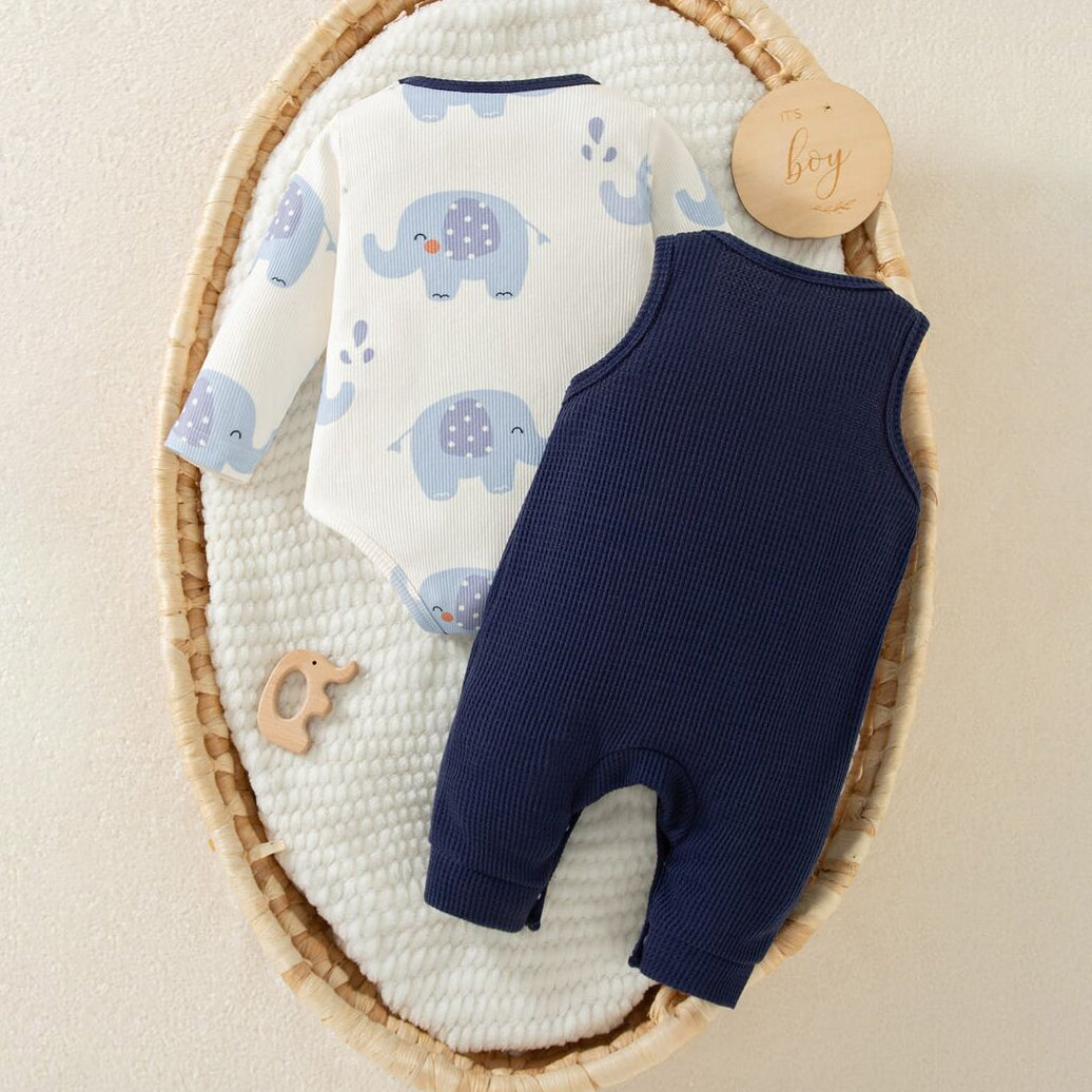 2PCS Cute Elephant Print Long Sleeve Corduroy Baby Boy Overalls Set