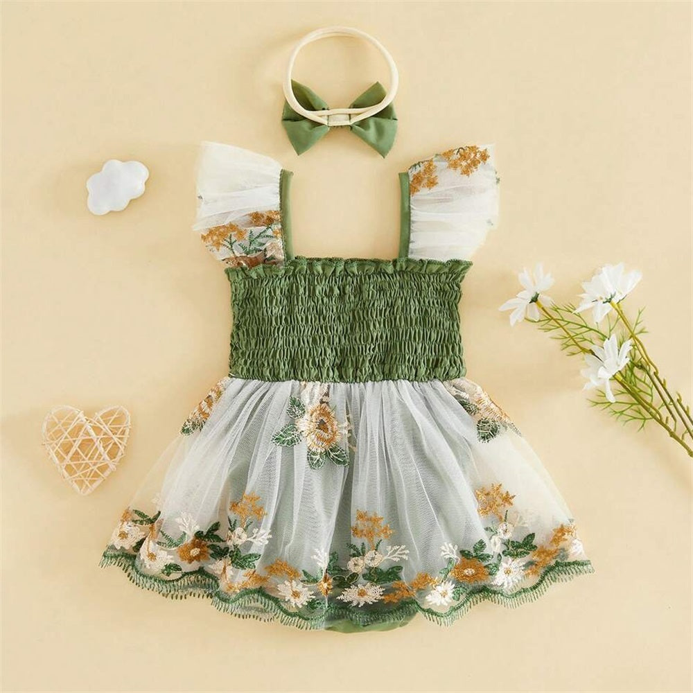 2PCS Casual Floral Embroidery Smocked Bow Flounce Sleeve Baby Romper