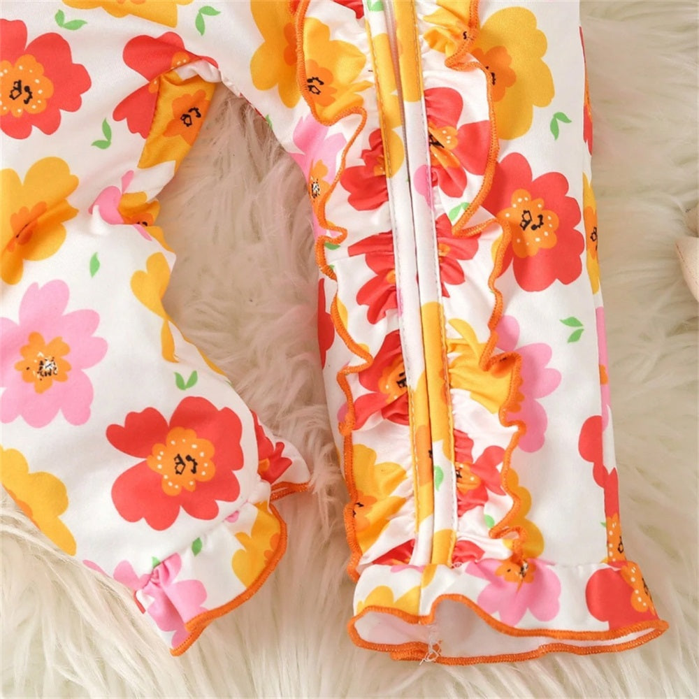 2PCS Allover Floral Print Long Sleeve Baby Jumpsuit