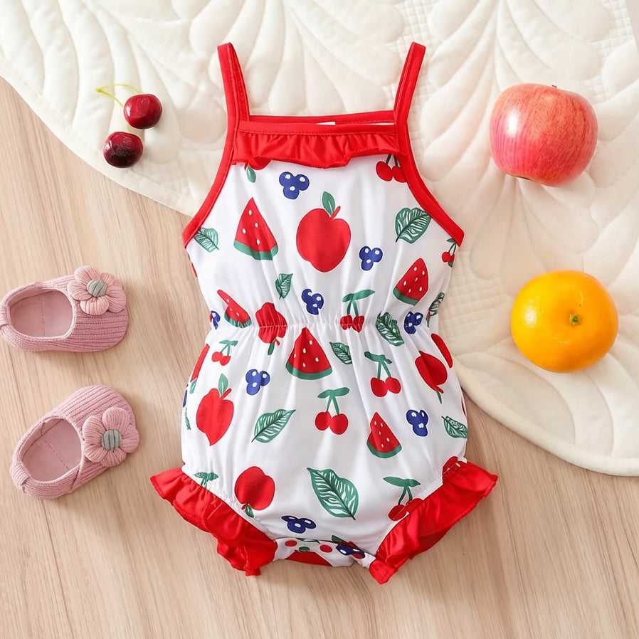 Cheerful Fruit & Leaf Print Sleeveless Baby Girl Romper
