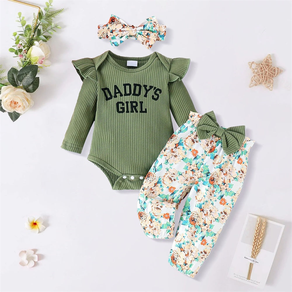 3PCS Daddy's Girl Letter Floral Print Long Sleeve Baby Set
