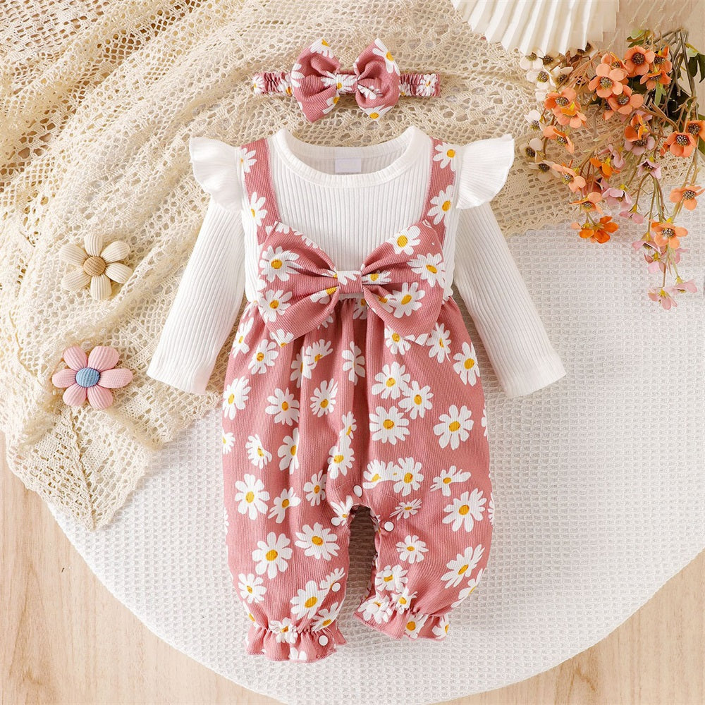 2PCS Casual Cute Daisy Print Long Sleeve Baby Jumpsuit