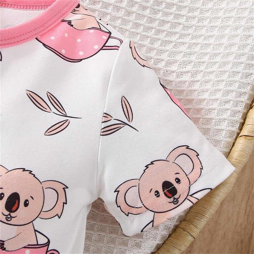 2PCS Lovely Koala Print Short Sleeve Baby Girl Jumpsuit