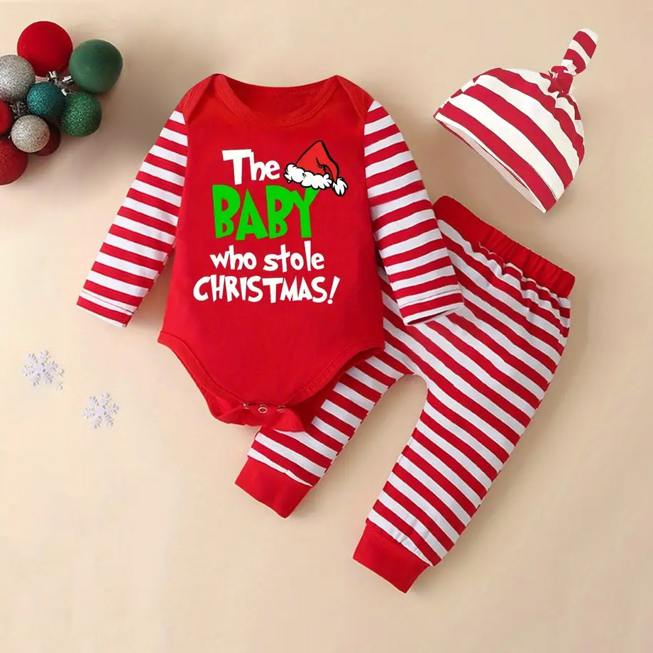 3PCS The Baby Who Stole Christmas Letter Stripe Printed Long Sleeve Baby Set