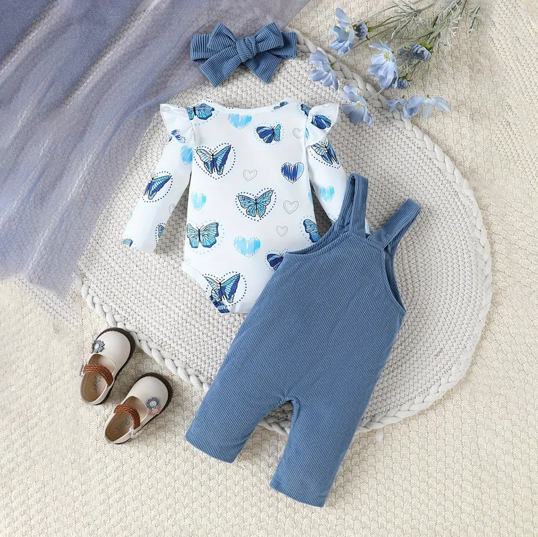 3PCS Pretty Butterfly Printed Long Sleeve Baby Overalls Set