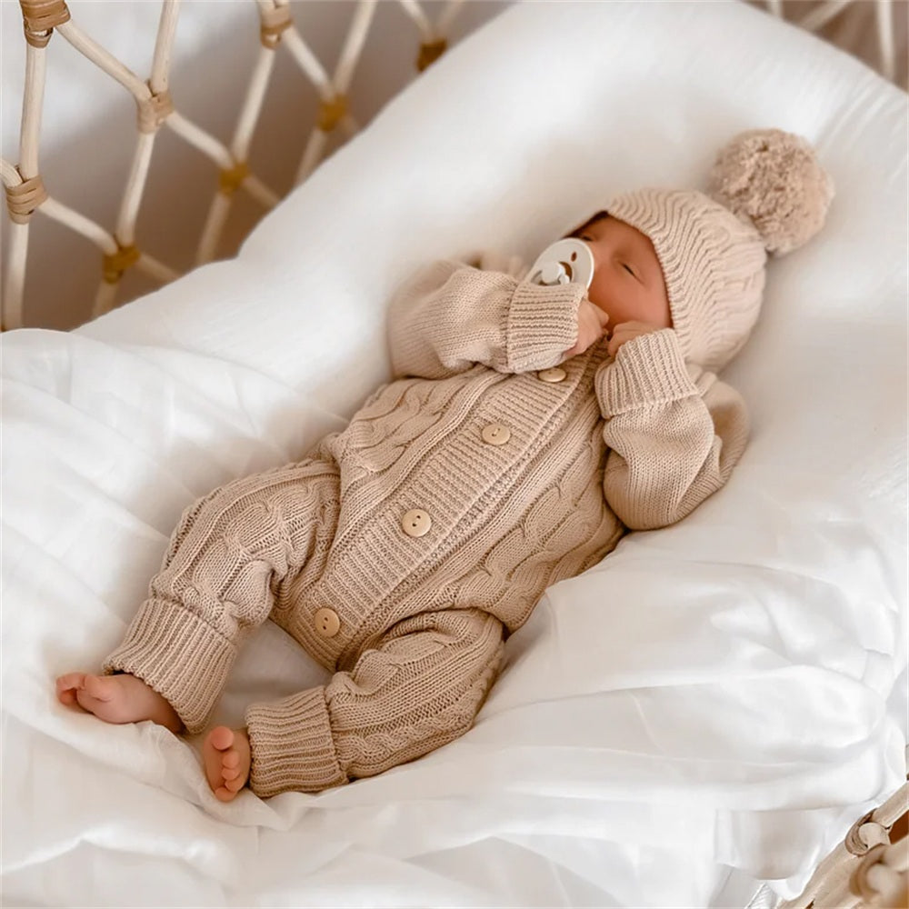 2PCS Cozy Knit Solid Color Long Sleeve Baby Jumpsuit