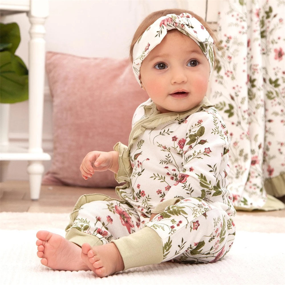 2PCS Stylish Floral Print Long Sleeve Zipper Baby Jumpsuit