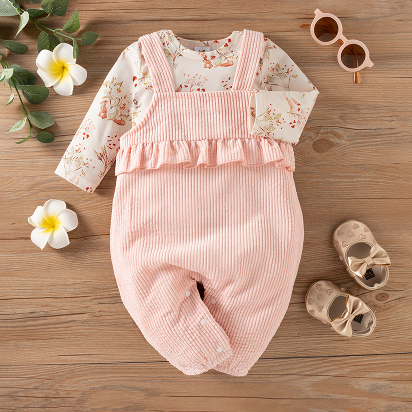 Exquisite Floral Print Ruffle Long Sleeve Baby Jumpsuit