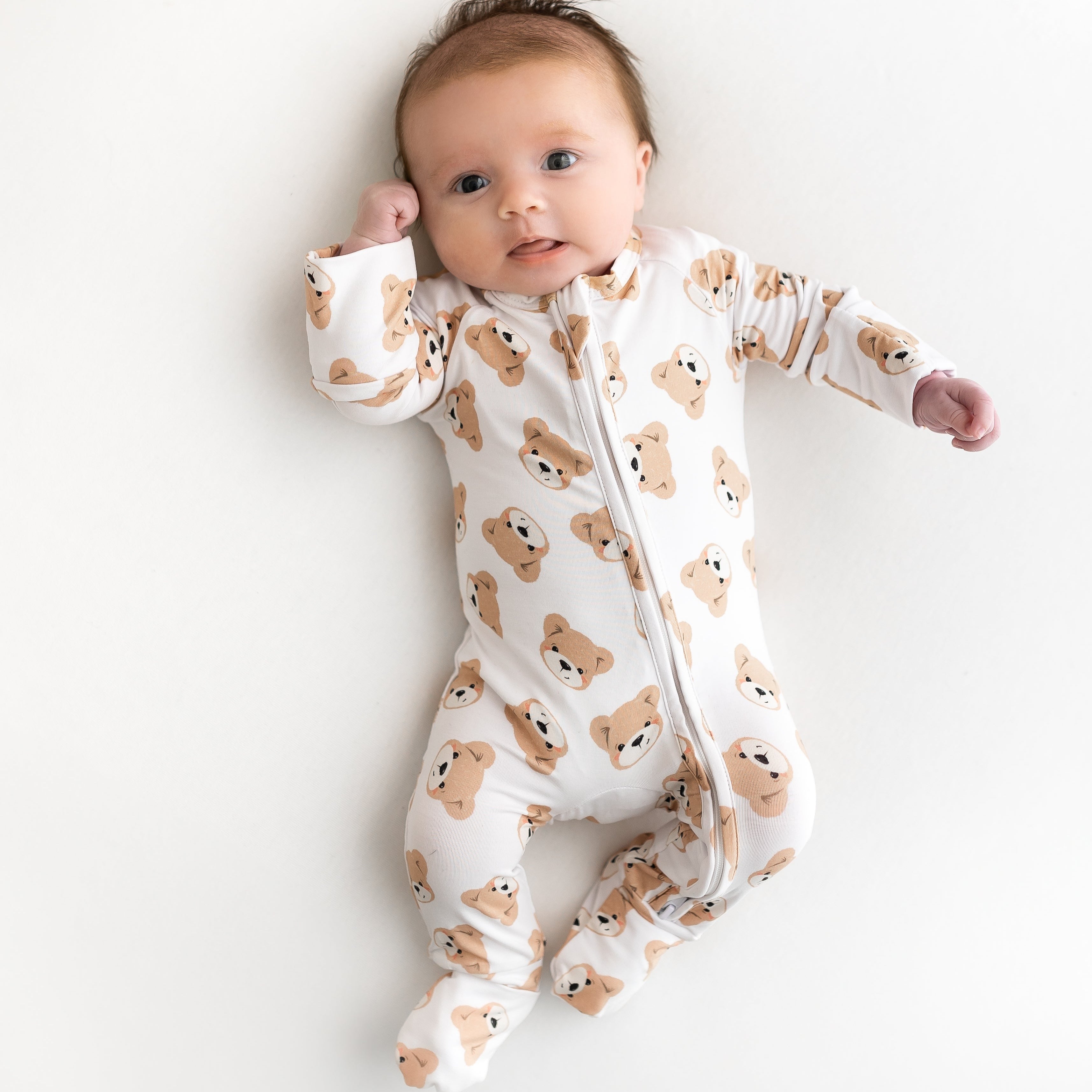 Cute All Over Bear Printed Long Sleeve Baby Zipper Jumpsuit