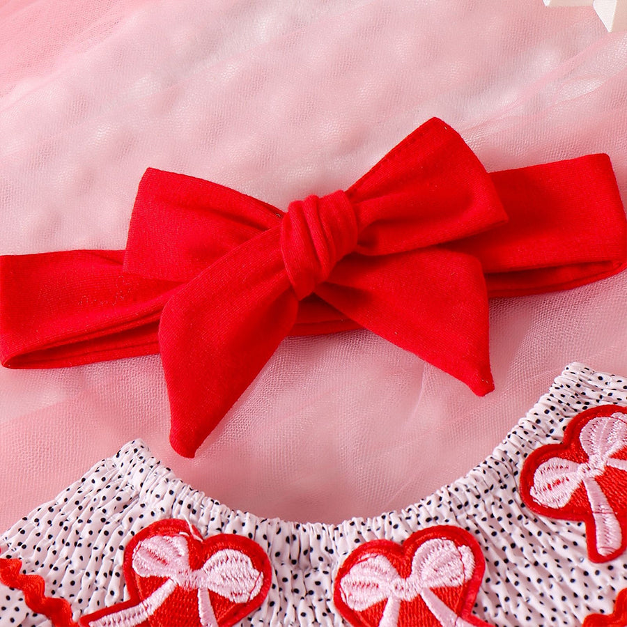 2PCS Bow Heart Embroidery Short Sleeve Baby Romper