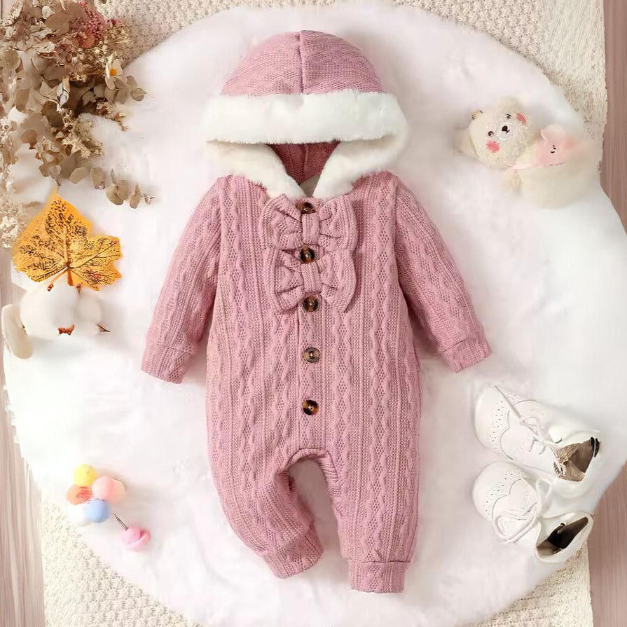 Furry Solid Color Long Sleeve Warm Baby Hooded Jumpsuit