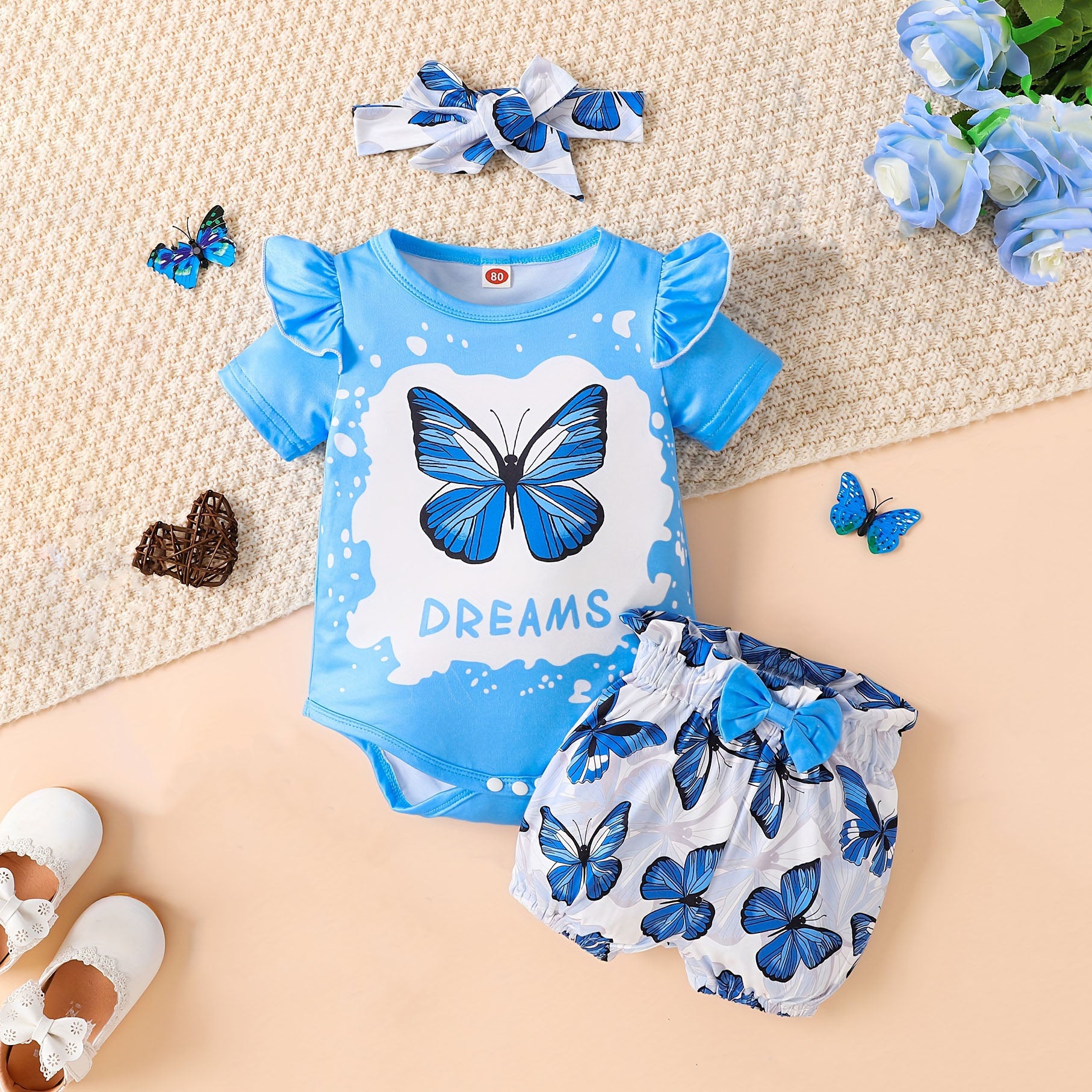 3PCS Casual Summer Cartoon Butterfly Printed Short Sleeve Baby Set