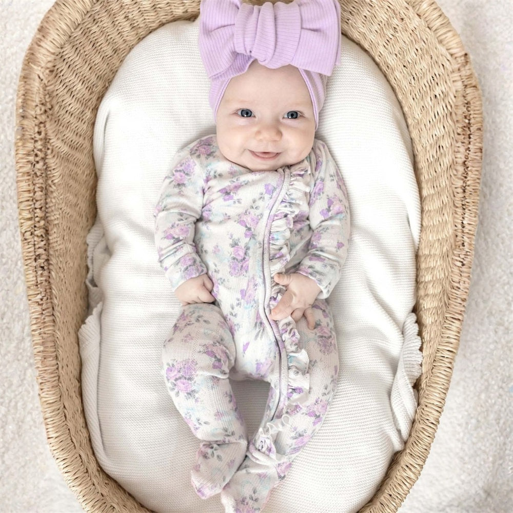 Casual Floral Printed Frill Trim Long Sleeve Zip Baby Jumpsuit