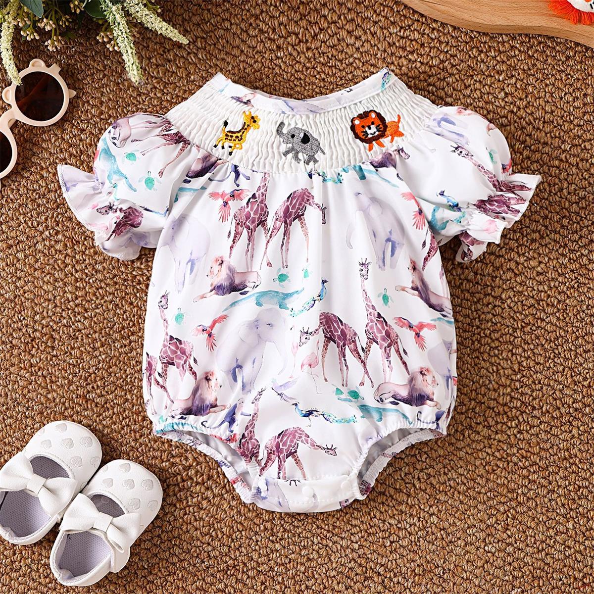 Casual Giraffe Printed Short Sleeve Baby Girl Romper