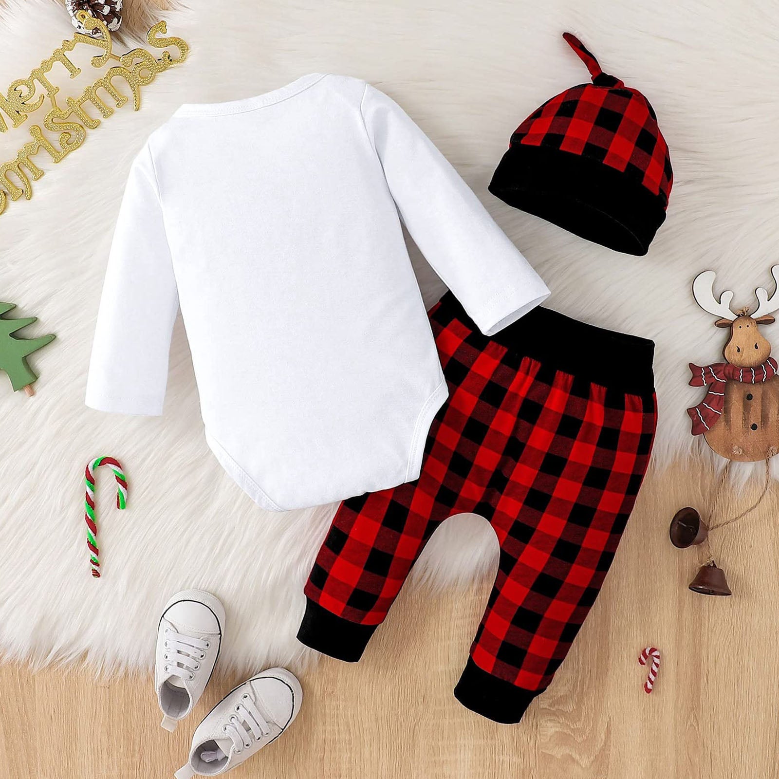3PCS My 1st Christmas Letter Print Plaid Long Sleeve Baby Set