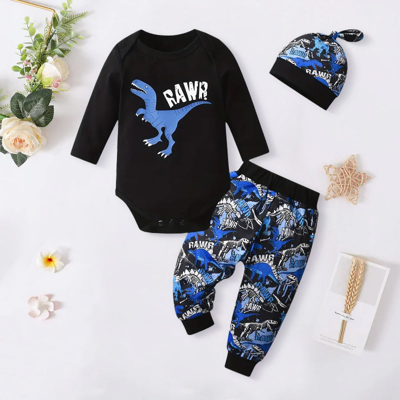 3PCS Rawr Letter Dinosaur Printed Long Sleeve Baby Set