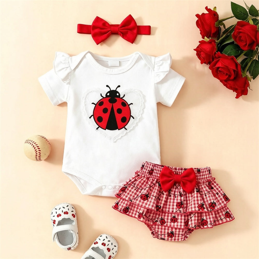 3PCS Lovely Ladybug Plaid Print Short Sleeve Baby Set