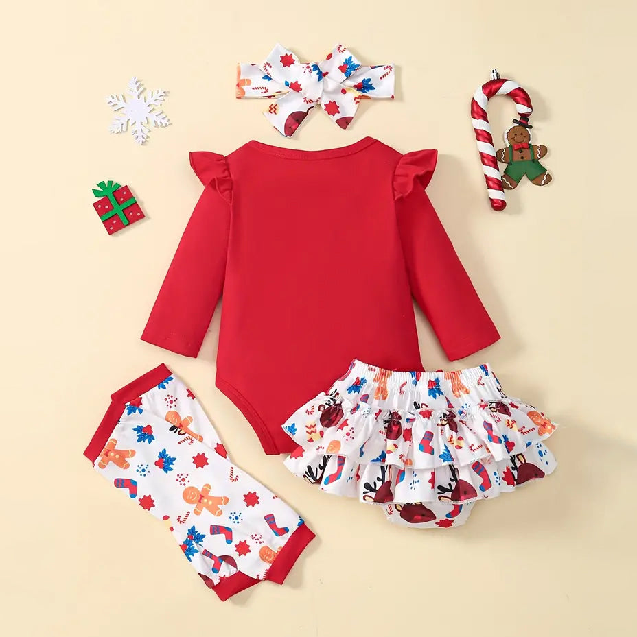 4PCS My 1st Christmas Letter Gingerbread Printed Long Sleeve Baby Set