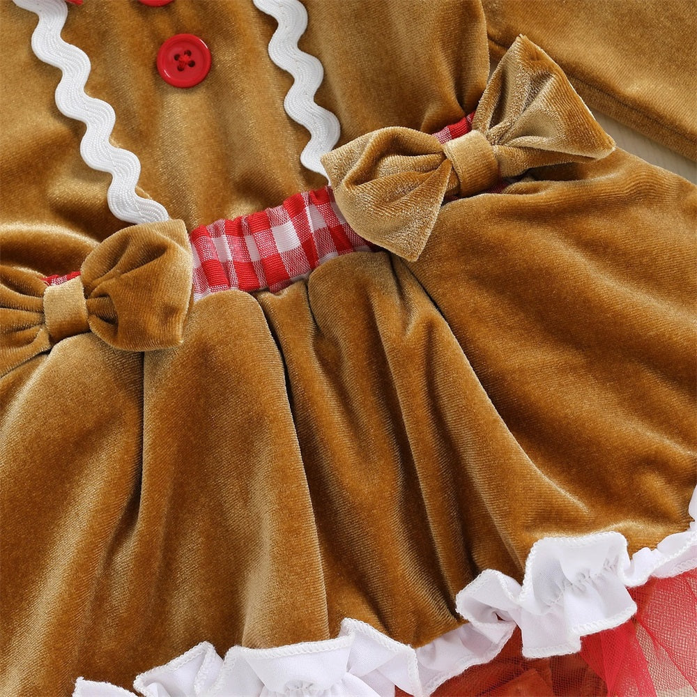 2PCS Gingerbread Cutie Lace Trim Long Sleeve Baby Romper