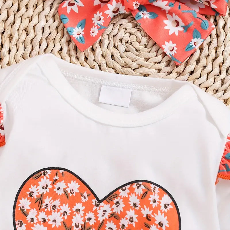 3PCS Cartoon Floral Heart Print Ruffled Long Sleeve Baby Set