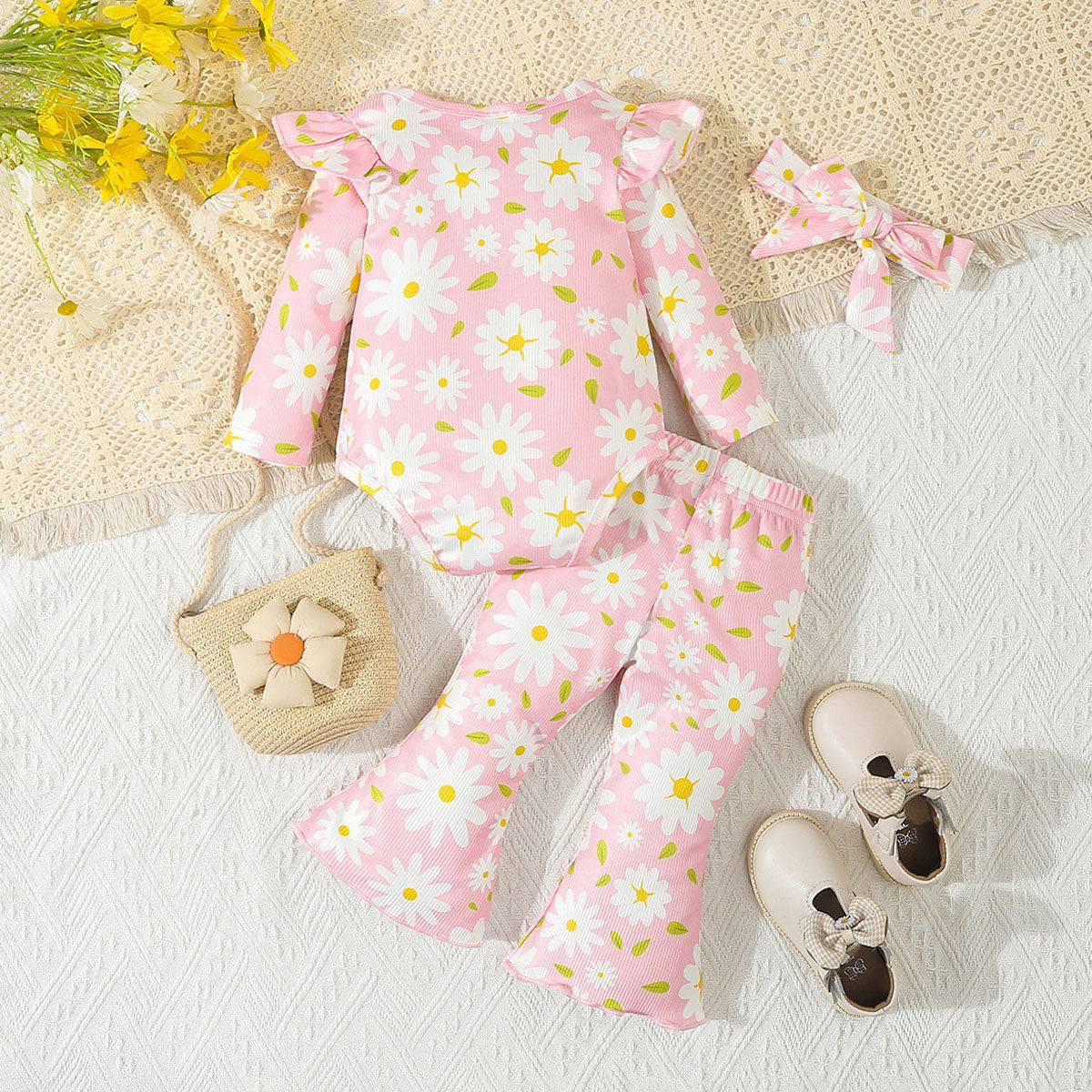 3PCS Sweet Cute Floral Print Long Sleeve Baby Set